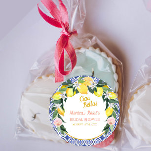 Sticker Rond Ciao Bella Carreaux Bleus au Citron Italien Shower