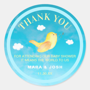 Sticker Rond *~* Ciel bleu Merci de Baby shower jaune d'oiseaux