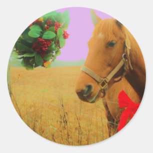 Sticker Rond Ciel rose rétro Cheval de Noël