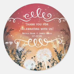 Sticker Rond Ciel Rouge Enchanté Étoiles & Favori de Mariage Fe