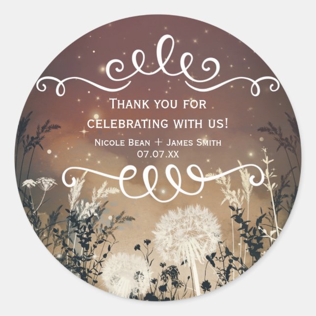 Sticker Rond Ciel rustique enchanté Étoiles et feuillage Faveur (Devant)