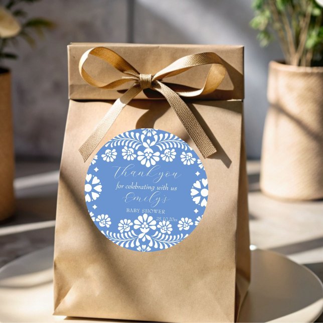 Sticker Rond Cielito lindo bleu poussiéreux baby shower mexicai (Cielito lindo dusty blue Mexican baby shower thank you favor Sticker template)