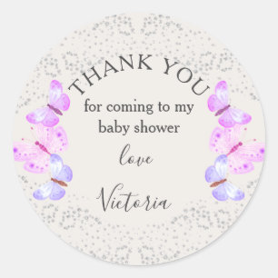 Sticker Rond Ciels papillons Merci Confetti en argent rose