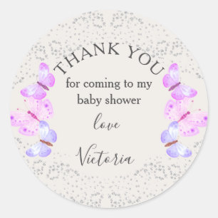 Sticker Rond Cieux papillon rose argent confettis Merci