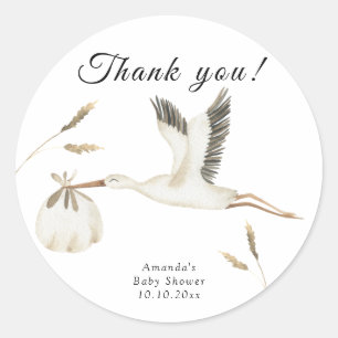 Sticker Rond Cigogne aquarelle remerciement pour Baby Shower