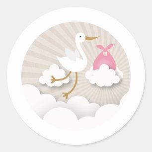 Sticker Rond Cigogne avec le baby shower rose de fille de