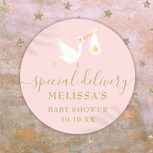 Sticker Rond Cigogne de livraison spéciale Bébé Fille Rose Douc (Special Delivery Stork Baby Girl Pink Shower Classic Round Sticker)