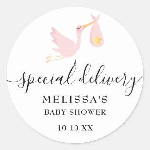 Sticker Rond Cigogne Fille Rose Livraison Spéciale Baby Shower