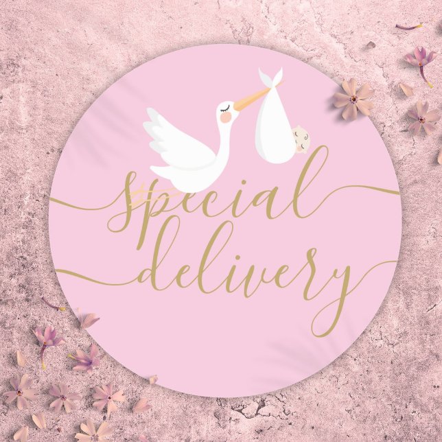 Sticker Rond Cigogne Livraison Spéciale et Bébé Rose (Special Delivery Stork and Baby Pink Classic Round Sticker)