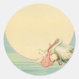 Sticker Rond Cigogne vintage avec bébé fille dans une couvertur