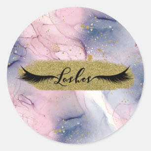 Sticker Rond Cils Fantaisie Encre Ethéré Bleu Pâle Rose Or