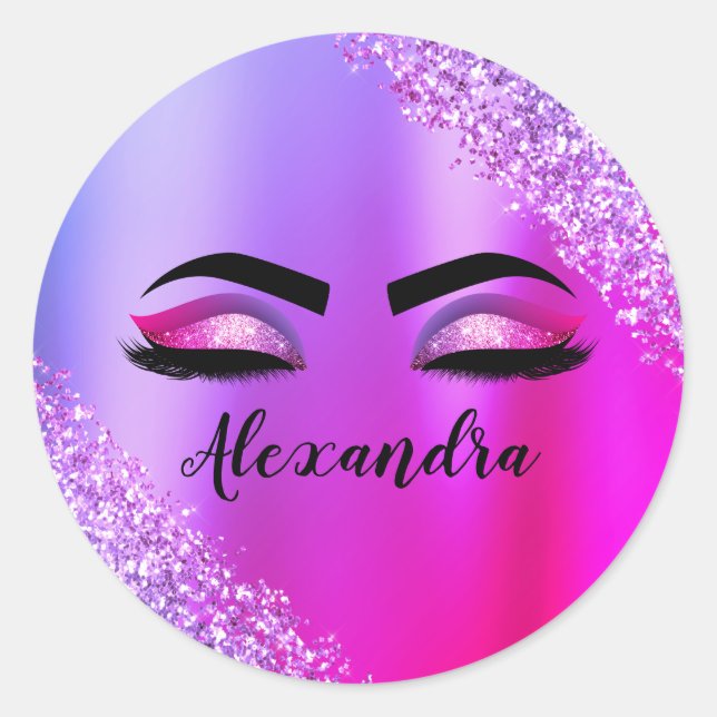 Sticker Rond Cils Modernes Monogramme Rose Violet Pailleté (Devant)