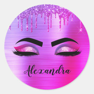 Sticker Rond Cils Monogramme Nom Paillettes Étincelles Violet