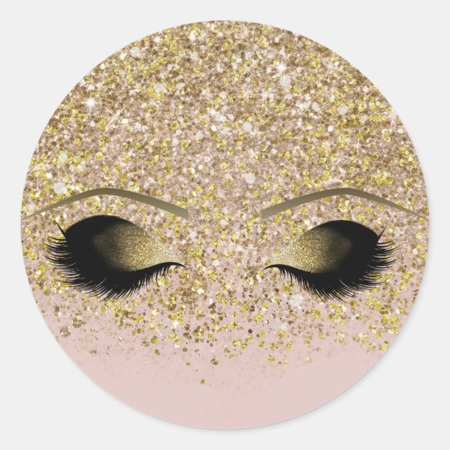 Sticker Rond Cils Postiches Moderne en Or avec Paillettes Rose  (Devant)
