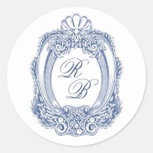 Sticker Rond Cimier baroque Initiales Bleues Françaises Antique