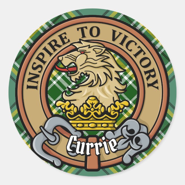Sticker Rond Cimier de lion Clan Currie sur Tartan (Devant)