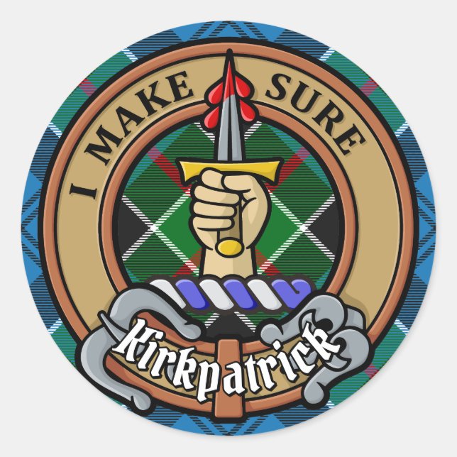 Sticker Rond Cimier du clan Kirkpatrick sur tartan (Devant)