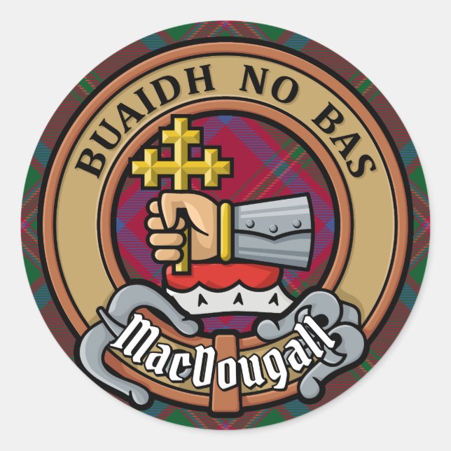 Sticker Rond Cimier du clan MacDougall sur tartan (Devant)