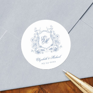 Sticker Rond Cimier Floral Bleu Monogramme Mariage élégant
