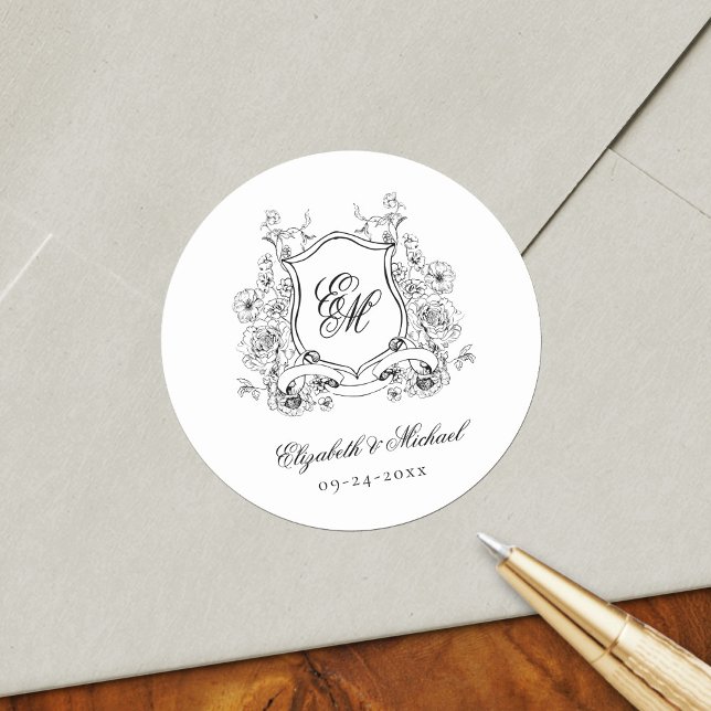 Sticker Rond Cimier Floral Monogramme Mariage élégant (Créateur téléchargé)