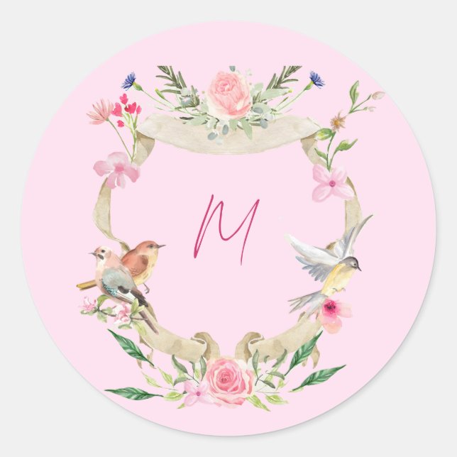 Sticker Rond Cimier Floral Monogramme rose (Devant)