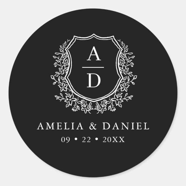 Sticker Rond Cimier noir blanc moderne Monogramme Mariage (Devant)