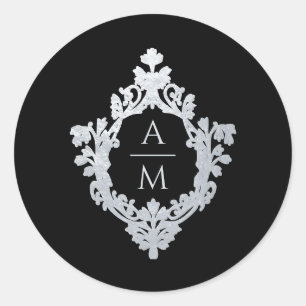 Sticker Rond Cimier Noir Faux Argent Vintage Mariage Monogramme