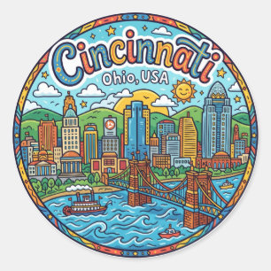 Sticker Rond Cincinnati Skyline, Ohio, États-Unis Ohio