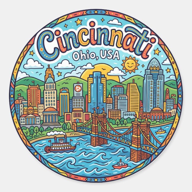 Sticker Rond Cincinnati Skyline, Ohio, États-Unis Ohio (Devant)