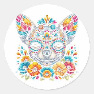 Sticker Rond Cinco De Mayo Chihuahua Chien Sugar Crâne Fleur