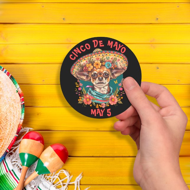 Sticker Rond Cinco de Mayo Chihuahua portant Sombrero & Serape (Créateur téléchargé)