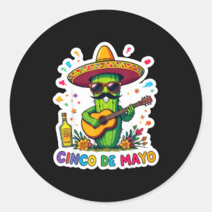 Sticker Rond Cinco de mayo drôle de cactus mexicain lunettes de