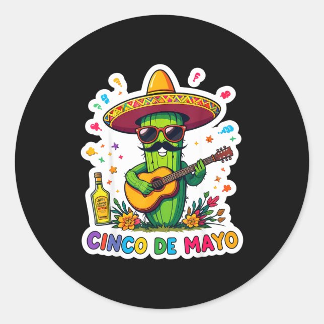 Sticker Rond Cinco de mayo drôle de cactus mexicain lunettes de (Devant)