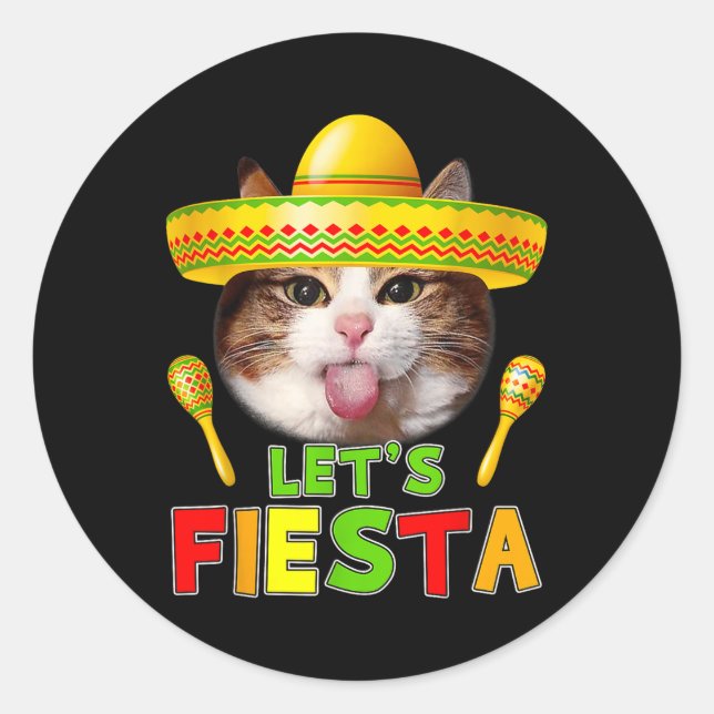 Sticker Rond Cinco De Mayo Meow Lets Fiesta Mexican Cactus Cute (Devant)