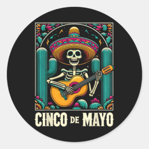 Sticker Rond Cinco De Mayo Squelette Crâne Sombrero Guitare Mex