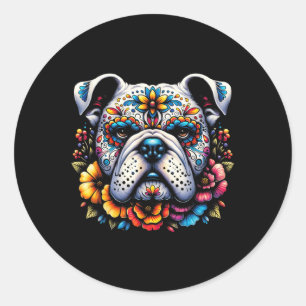 Sticker Rond Cinco De Mayo Sugar Skull Flower Buldog
