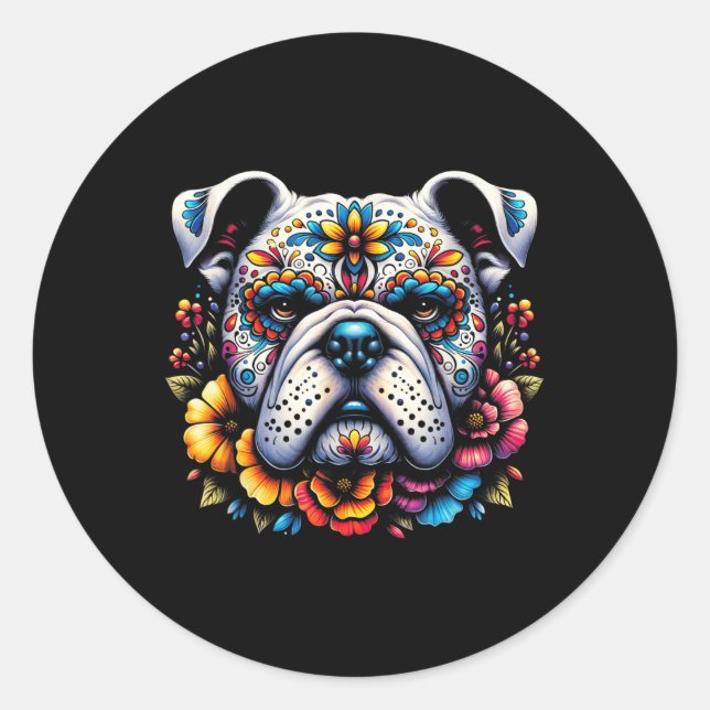 Sticker Rond Cinco De Mayo Sugar Skull Flower Buldog (Devant)