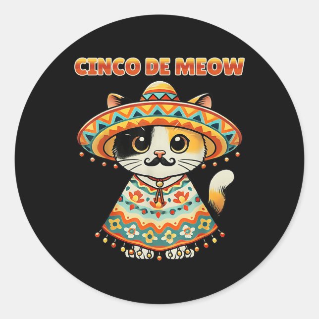 Sticker Rond Cinco De Meow Drôle Chat Sombrero Humour Fiesta (Devant)