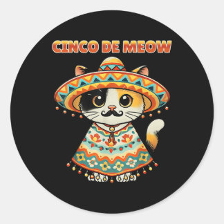 Sticker Rond Cinco De Meow Drôle Chat Sombrero Humour Fiesta