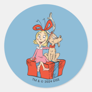 Sticker Rond Cindy Lou Who et Max sur un cadeau