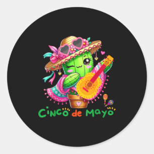 Sticker Rond Cinq Mai Mexicain Guitare Cactus Pour Hommes Femme
