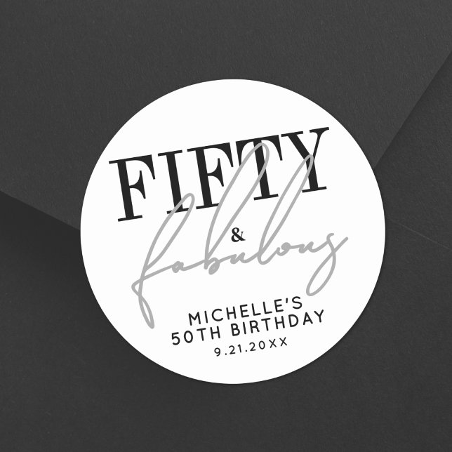Sticker Rond Cinquante ans et fabuleux, une fête moderne pour u (Fifty And Fabulous Modern 50th Birthday Party Classic Round Sticker)