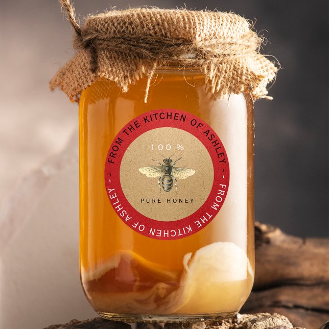 Sticker Rond Circulaire 100%Cuisine au miel fait maison Kraft B (Circular 100%Homemade Honey Kitchen Kraft Bee Red Classic Round Sticker)