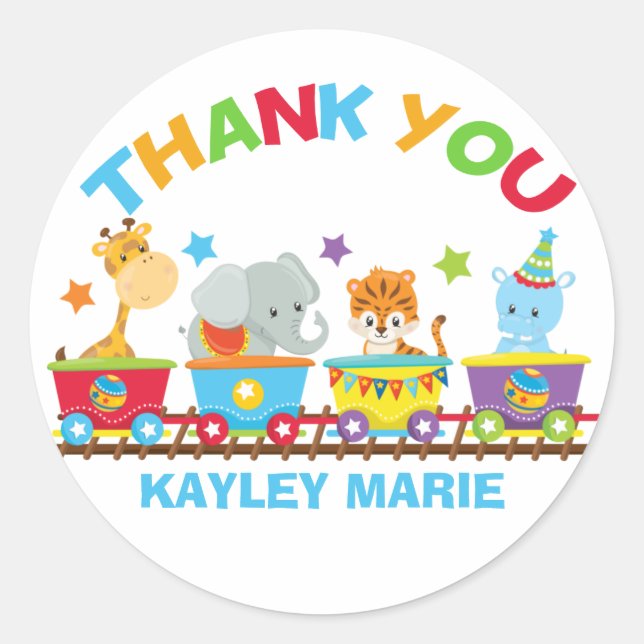 Sticker Rond Circus Animal Train Cute Kids Party Merci (Devant)