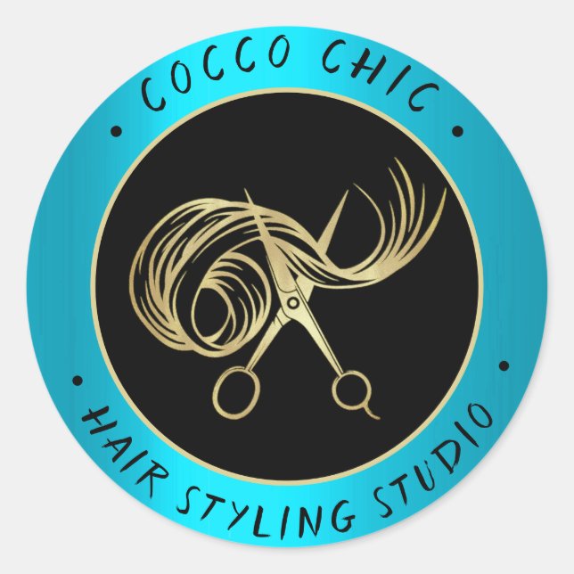 Sticker Rond Ciseaux Coiffure Nom du logo Merci Gold Blue (Devant)