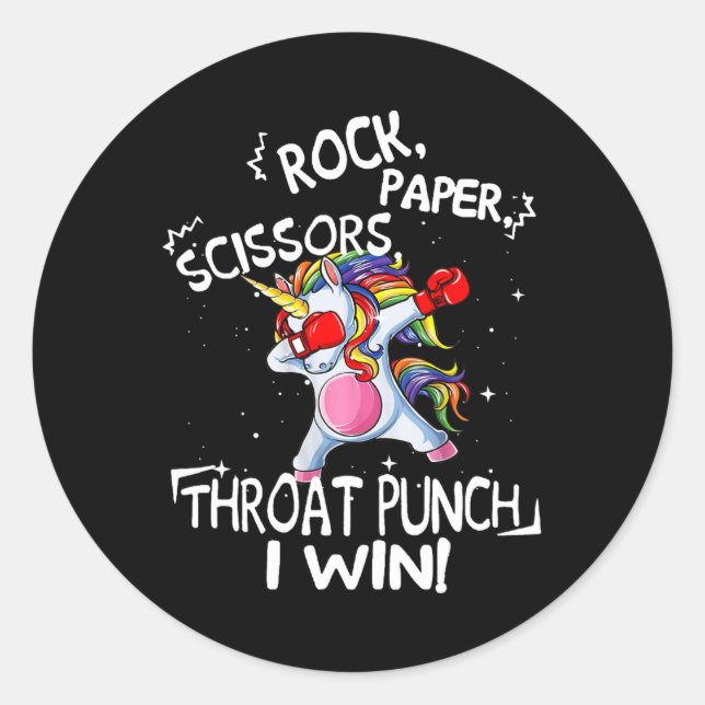 Sticker Rond Ciseaux de papier roche Throat Punch I Win Unicorn (Devant)