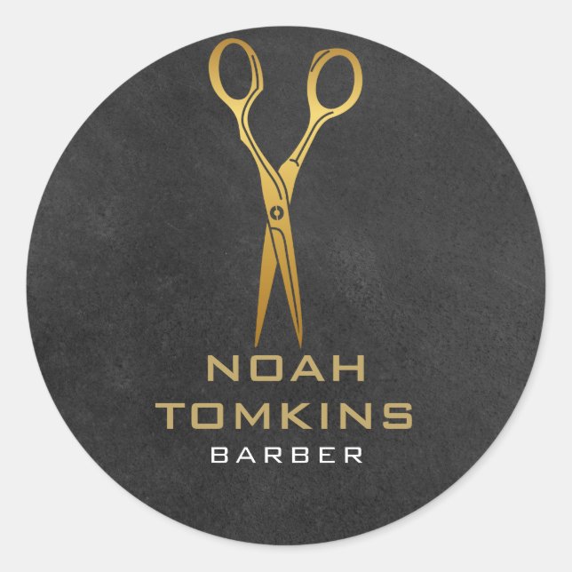Sticker Rond Ciseaux d'or barbier tableau noir (Devant)