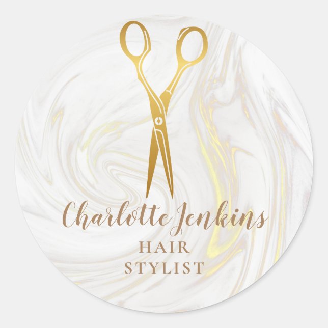 Sticker Rond Ciseaux d'or Coiffeur Tourbillons de marbre (Devant)