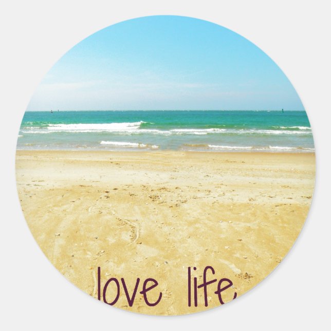 Sticker Rond Citation de vie d'amour avec scène de plage (Devant)