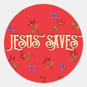 Sticker Rond Citation « Jésus Sauve » avec des fleurs rouges 
